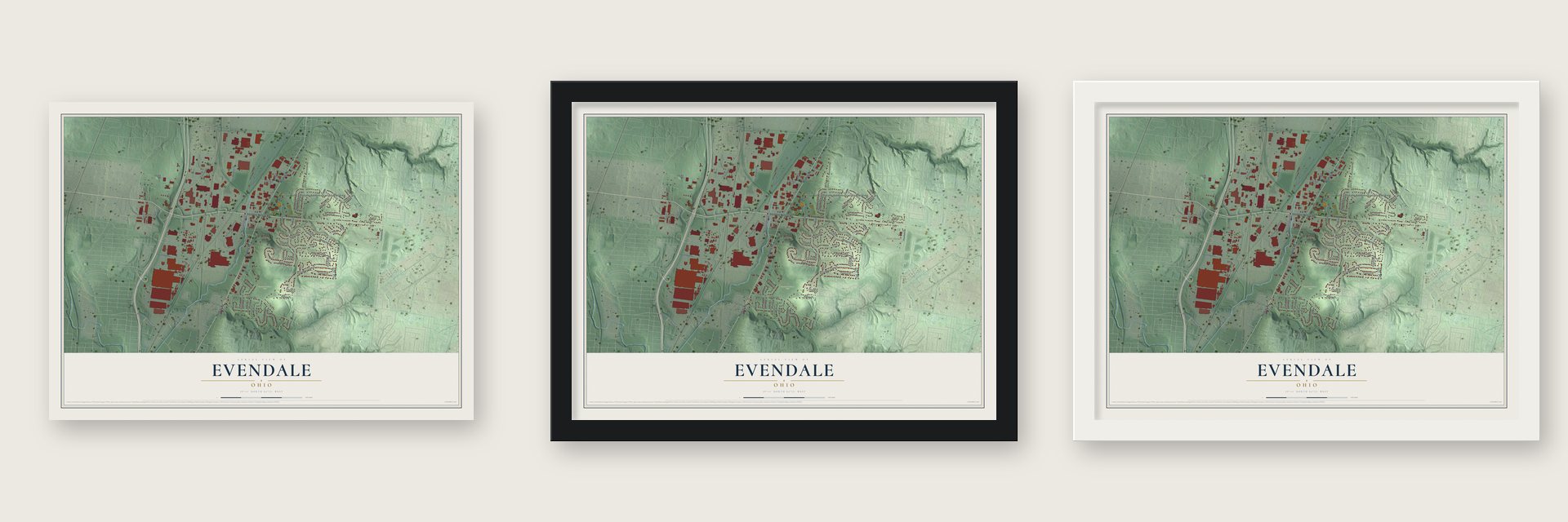 Evendale, Ohio map unframed, in a black wood frame and in a white wood frame