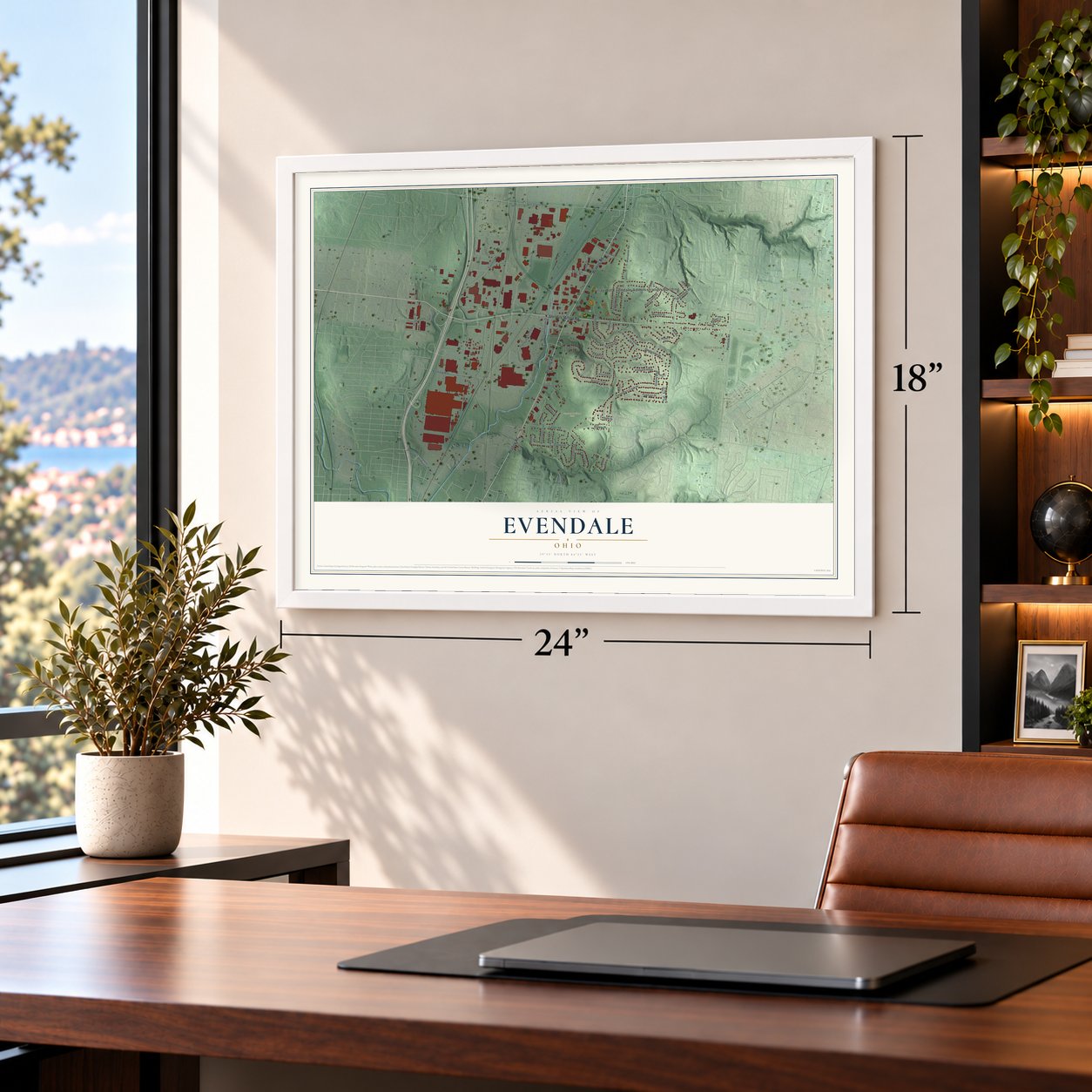 Evendale, Ohio map, 18 x 24 inch print in a white frame in a home office