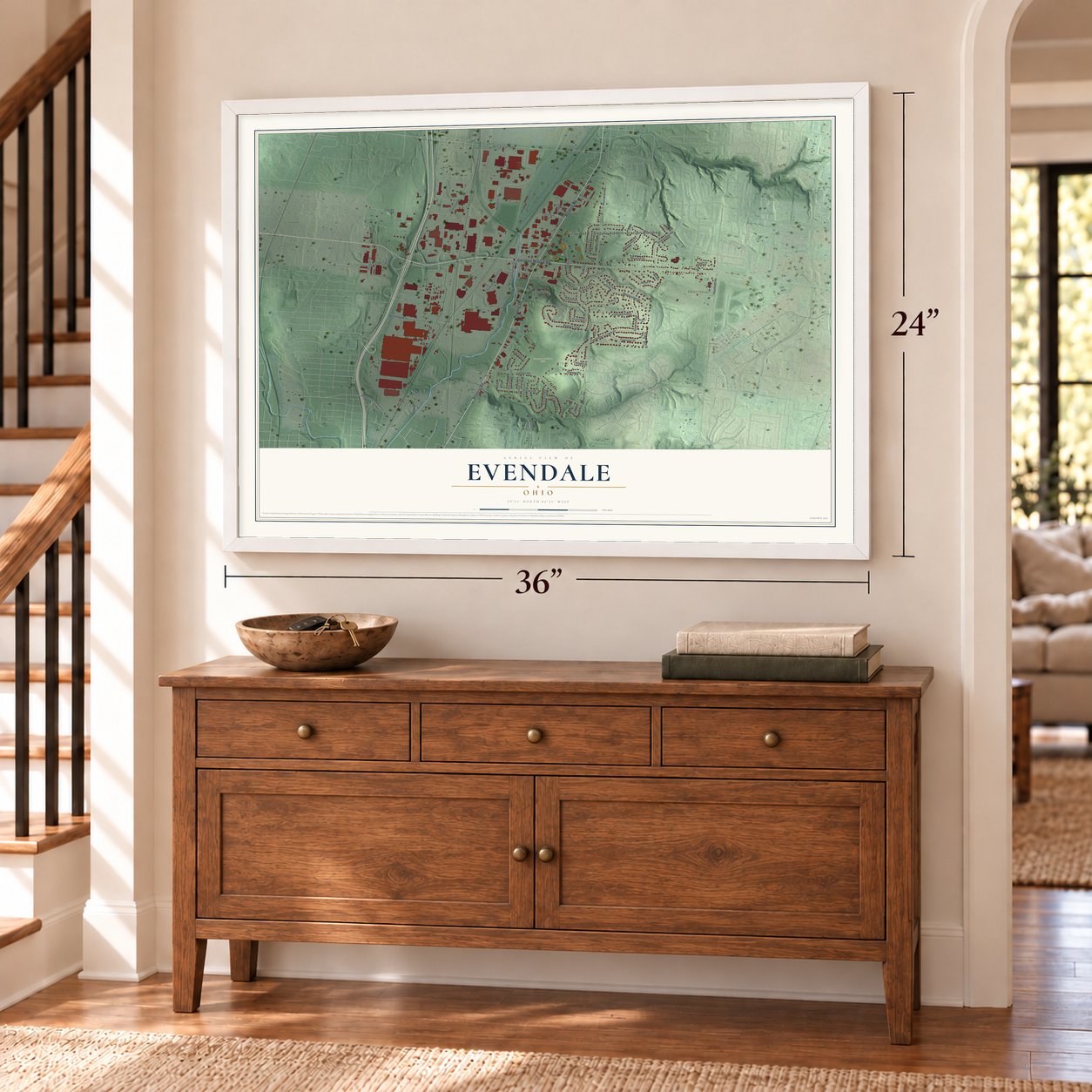Evendale, Ohio map, 24 x 36 inch print in a white frame above a dresser by a staircase