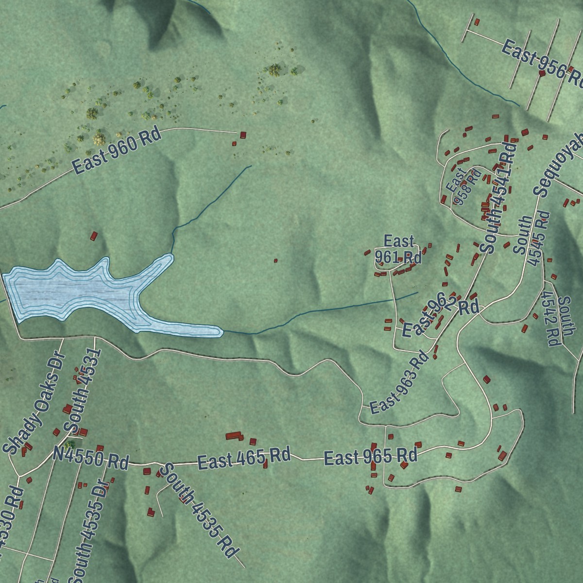 Second close-up of the map of Evening Shade, Oklahoma print showing more streets and buildings