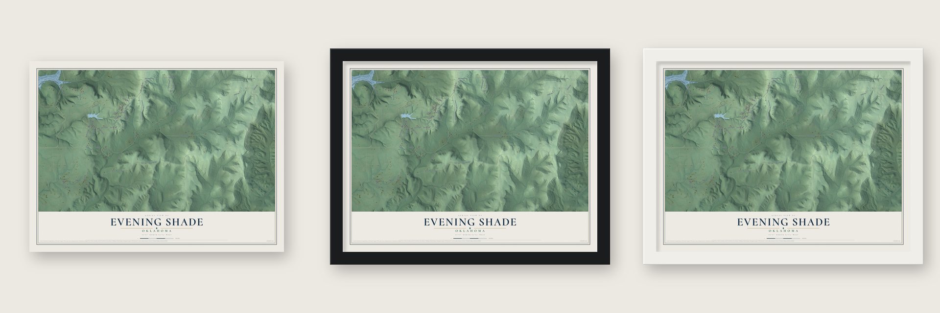 Evening Shade, Oklahoma map unframed, in a black wood frame and in a white wood frame