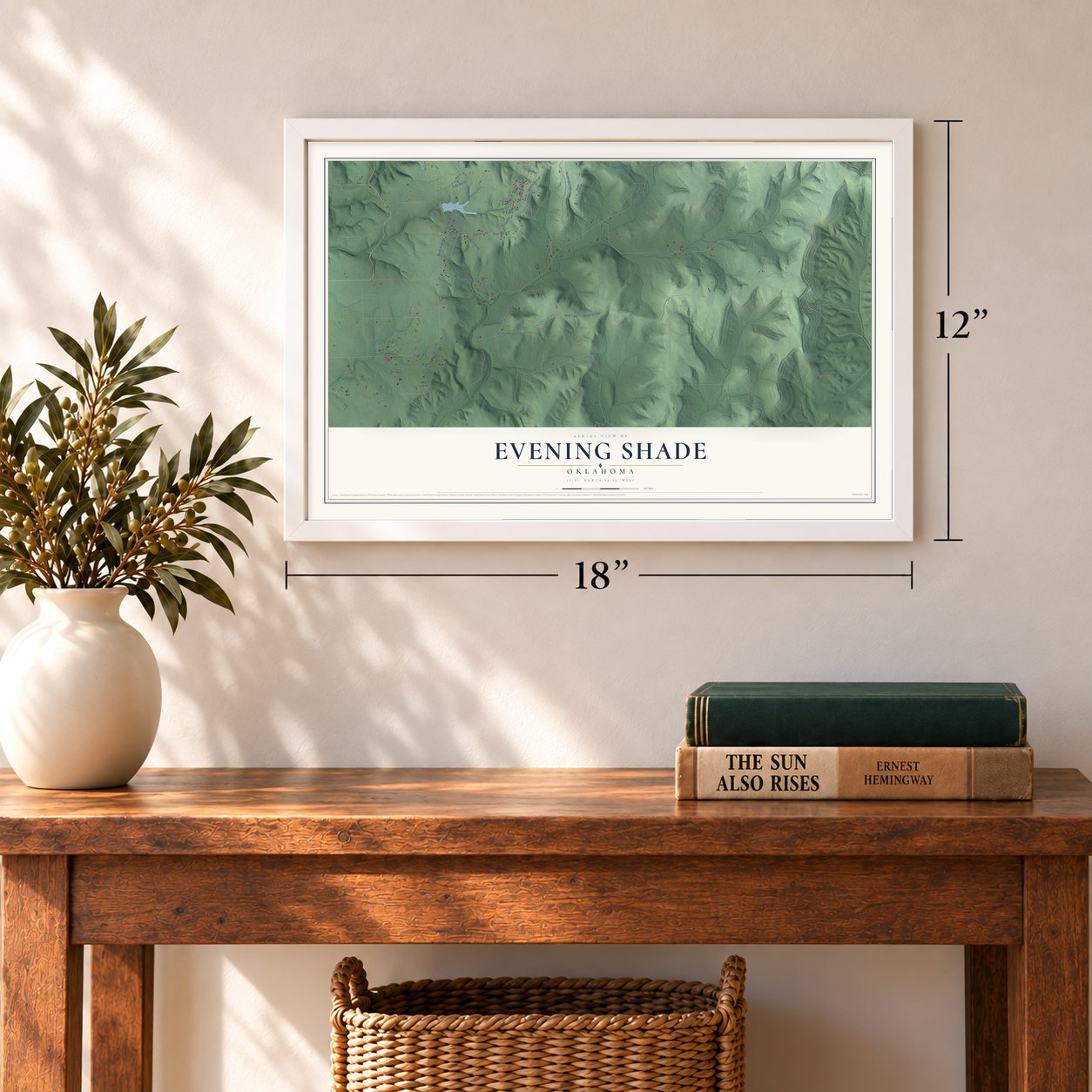 Evening Shade, Oklahoma map, 12 x 18 inch print in a white frame in an entryway