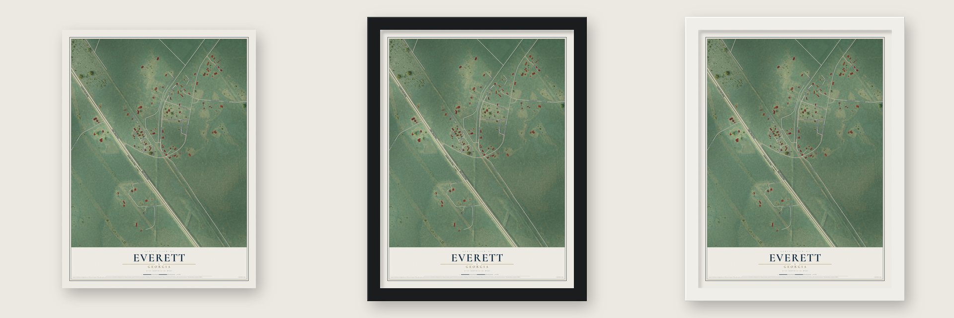 Everett, Georgia map unframed, in a black wood frame and in a white wood frame