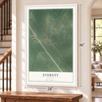 Everett, Georgia map, 24 x 36 inch print in a white frame by a staircase