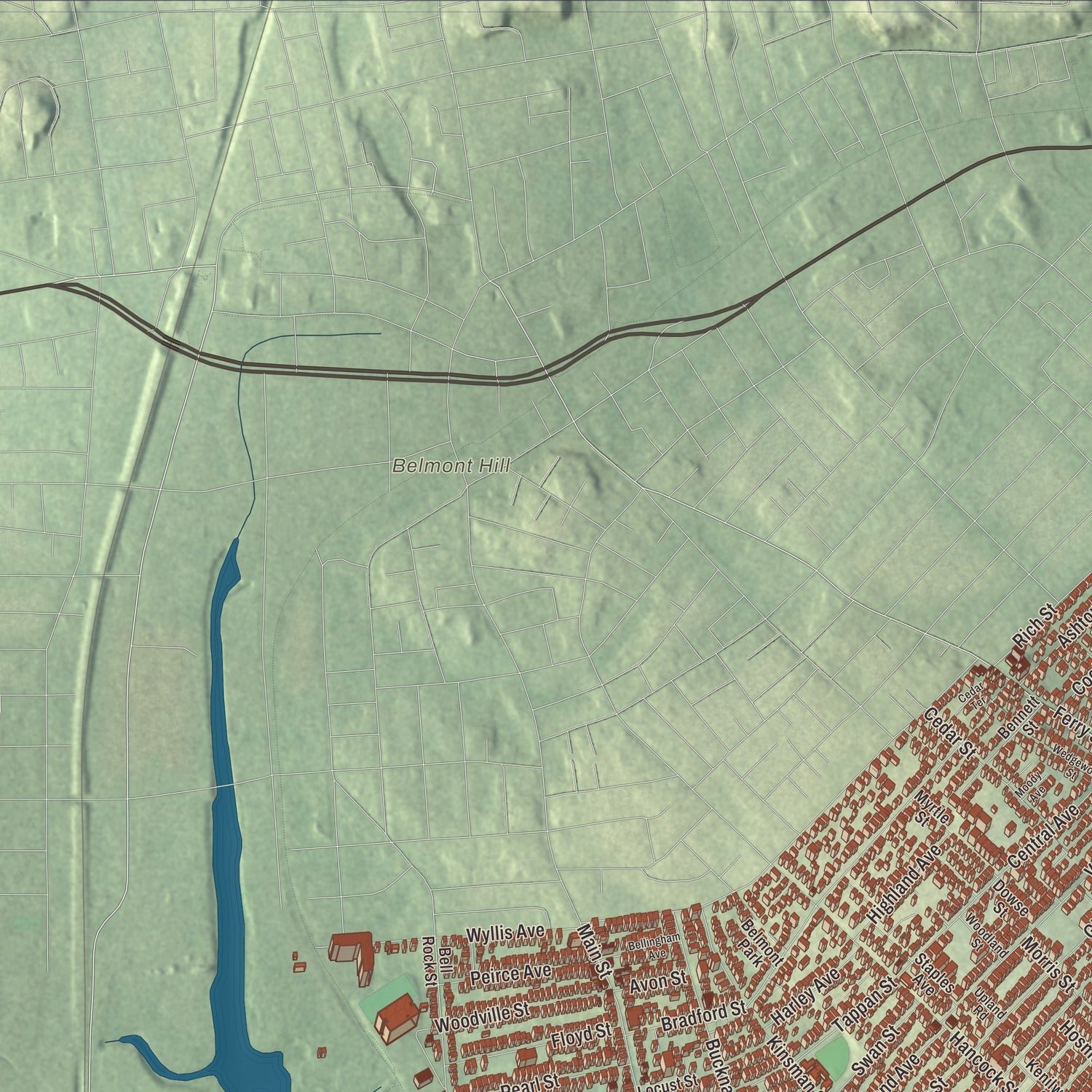 Close-up of the map of Everett, Massachusetts print showing terrain and local geography