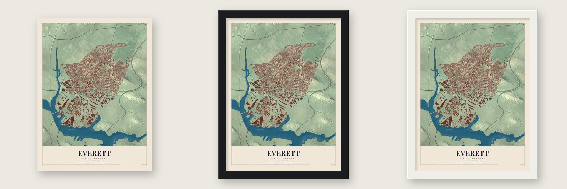 Everett, Massachusetts map unframed, in a black wood frame and in a white wood frame