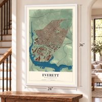 Everett, Massachusetts map, 24 x 36 inch print in a white frame by a staircase