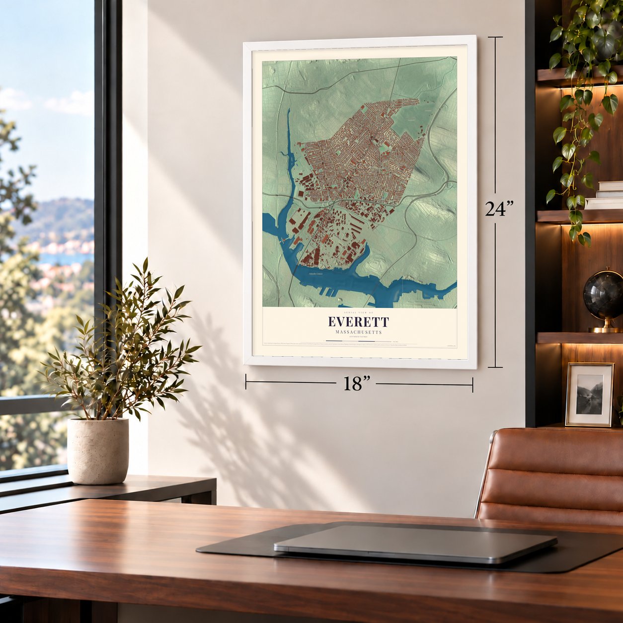 Everett, Massachusetts map, 18 x 24 inch print in a white frame in a home office