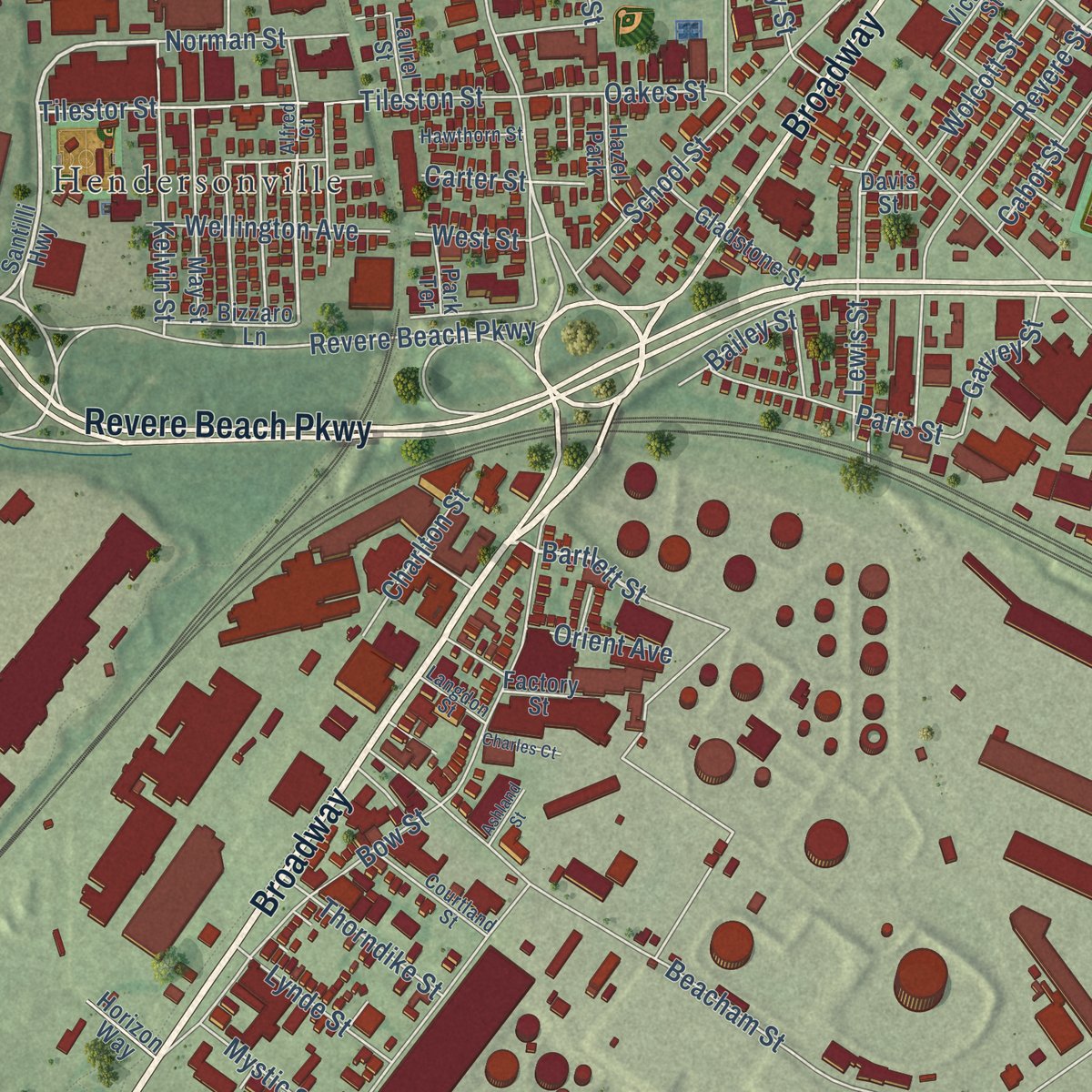 Second close-up of the map of Everett, Massachusetts print showing more streets and buildings