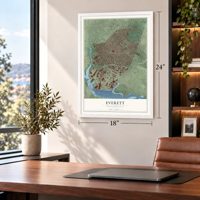 Everett, Massachusetts map, 18 x 24 inch print in a white frame in a home office
