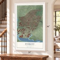 Everett, Massachusetts map, 24 x 36 inch print in a white frame by a staircase
