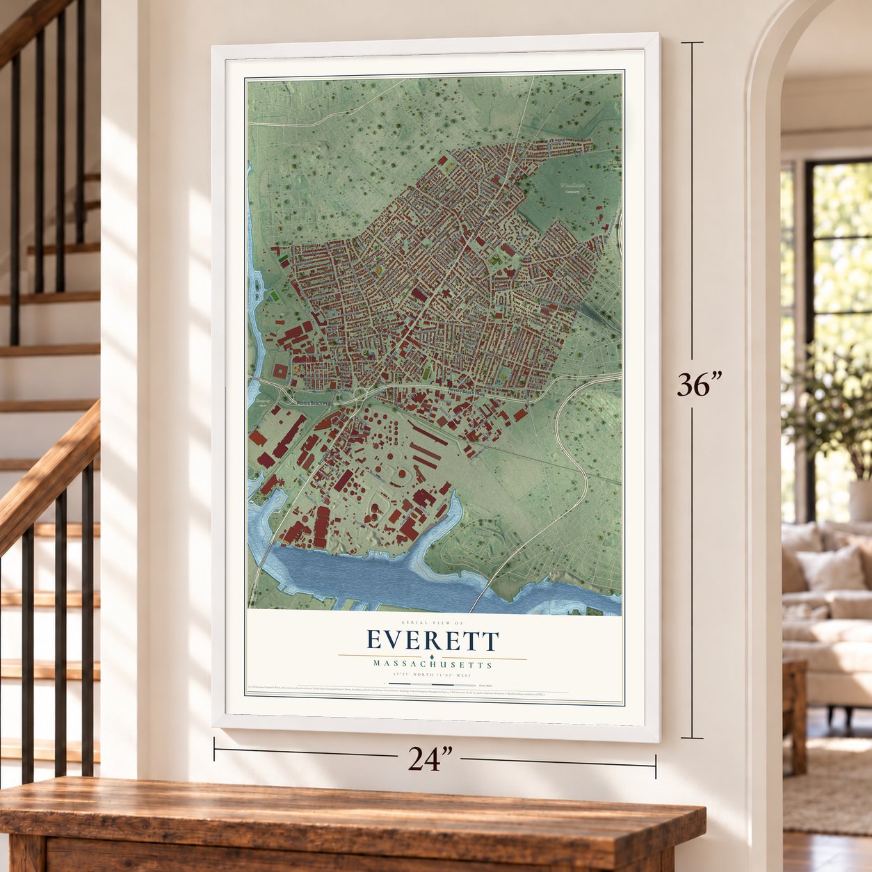 Everett, Massachusetts map, 24 x 36 inch print in a white frame by a staircase