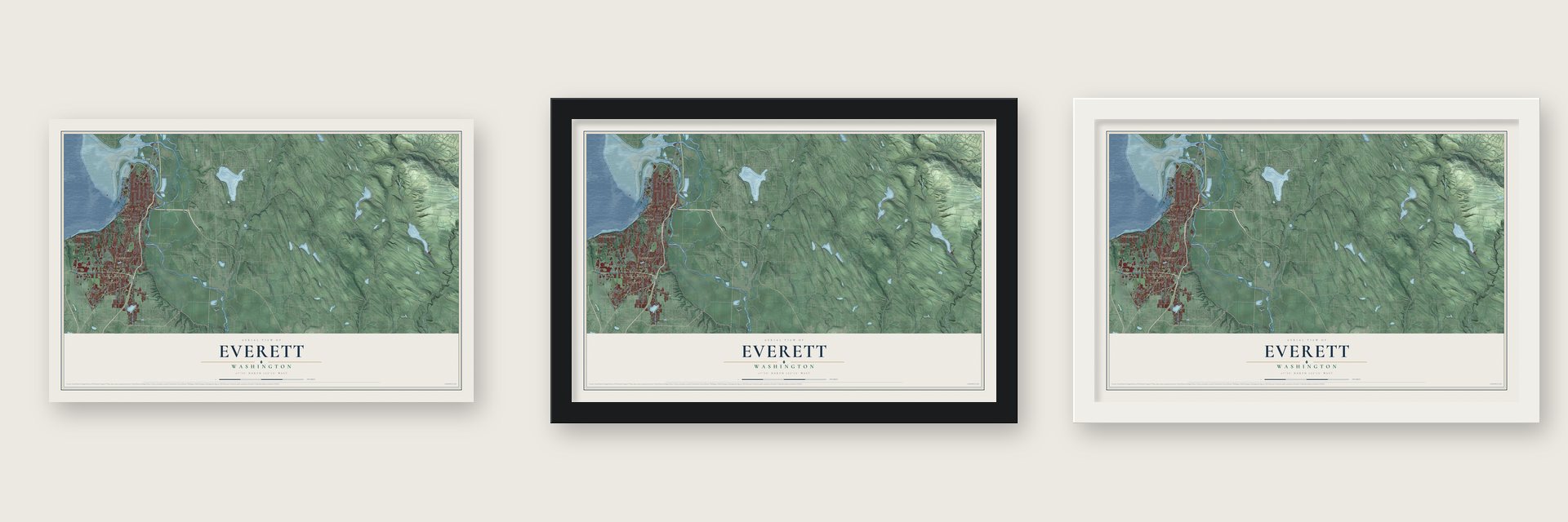 Everett, Washington map unframed, in a black wood frame and in a white wood frame
