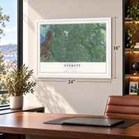 Everett, Washington map, 18 x 24 inch print in a white frame in a home office