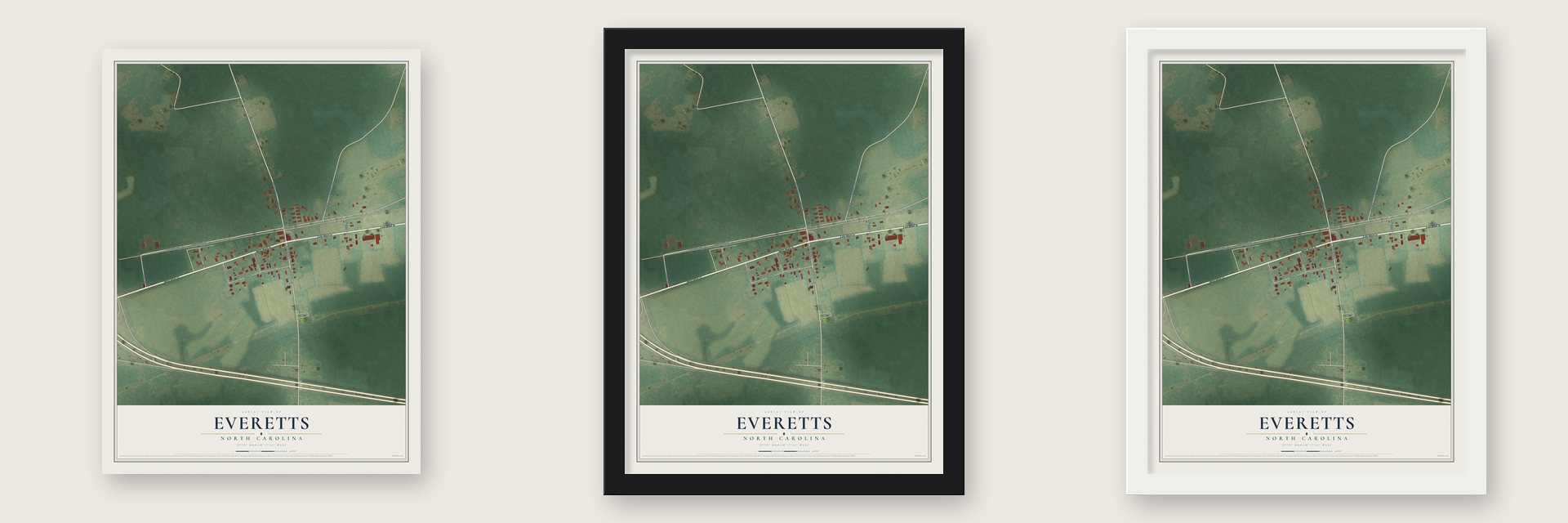Everetts, North Carolina map unframed, in a black wood frame and in a white wood frame