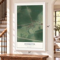 Everetts, North Carolina map, 24 x 36 inch print in a white frame by a staircase