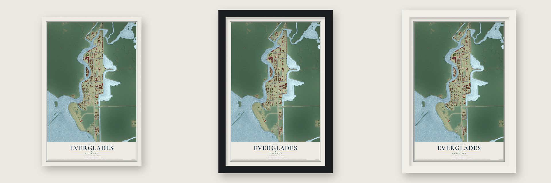 Everglades, Florida map unframed, in a black wood frame and in a white wood frame
