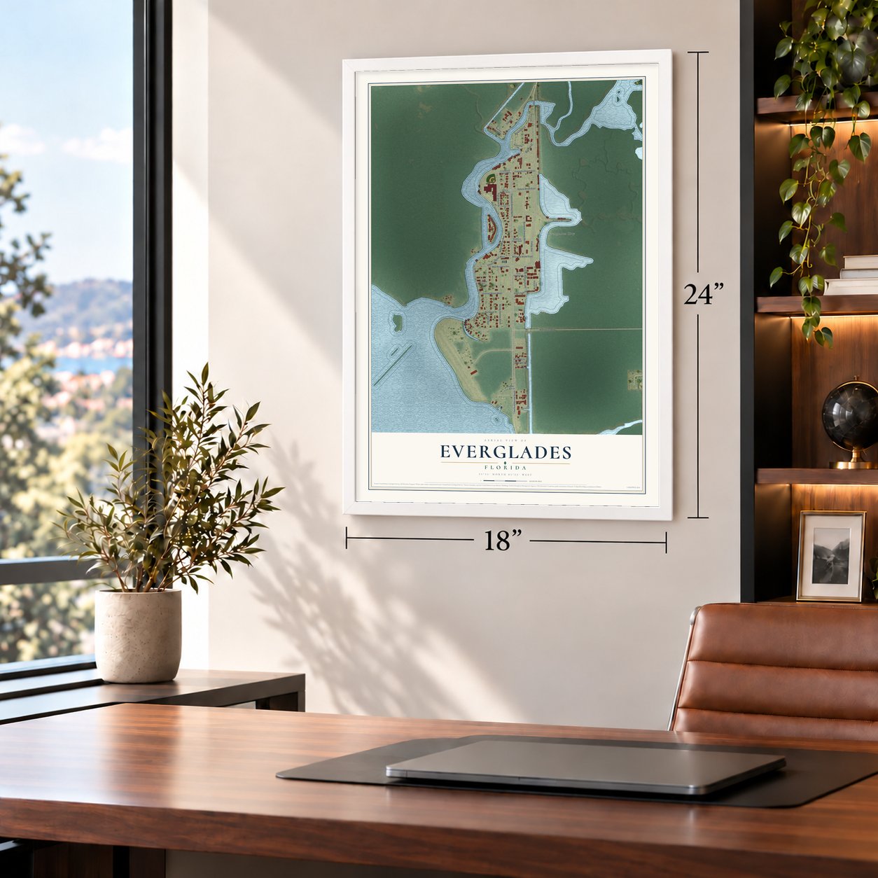 Everglades, Florida map, 18 x 24 inch print in a white frame in a home office