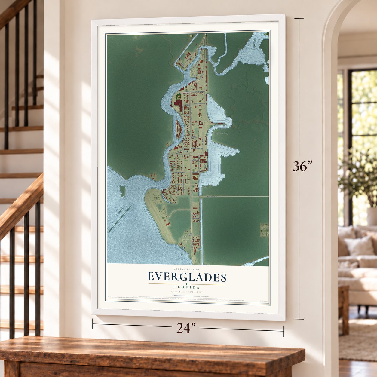 Everglades, Florida map, 24 x 36 inch print in a white frame by a staircase