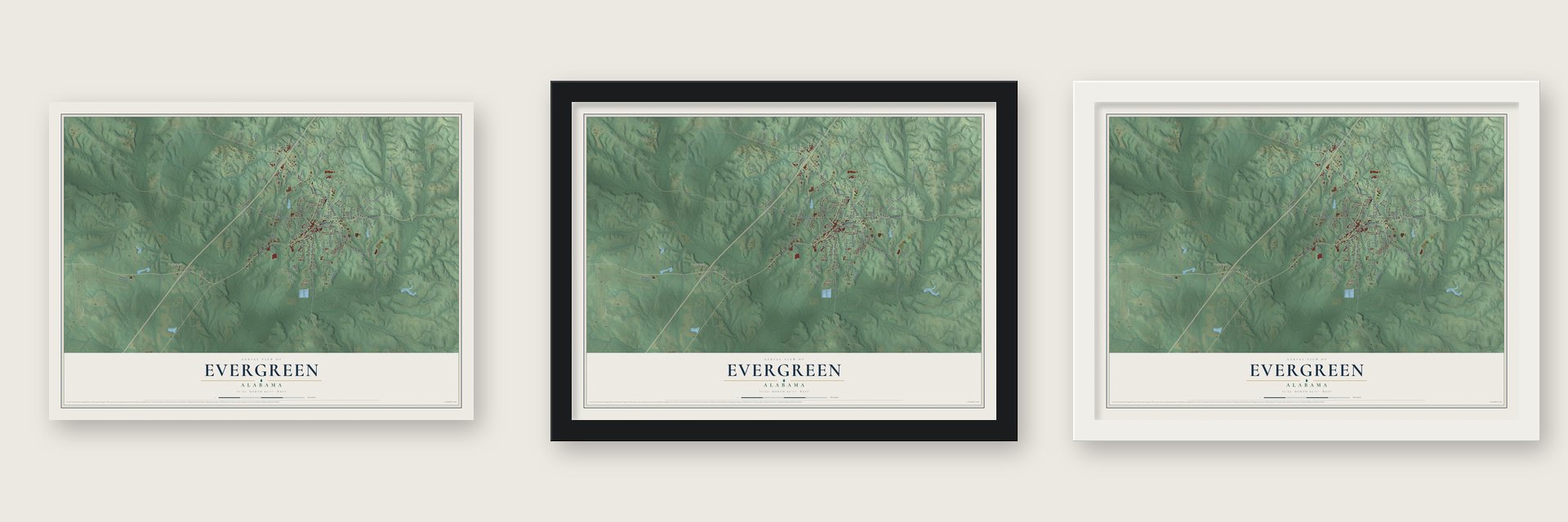 Evergreen, Alabama map unframed, in a black wood frame and in a white wood frame