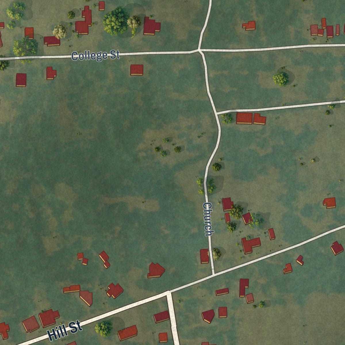 Second close-up of the map of Evergreen, Louisiana print showing more streets and buildings