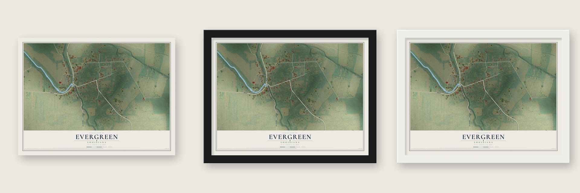 Evergreen, Louisiana map unframed, in a black wood frame and in a white wood frame