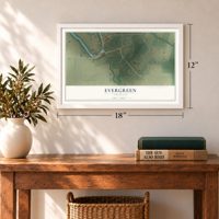 Evergreen, Louisiana map, 12 x 18 inch print in a white frame in an entryway