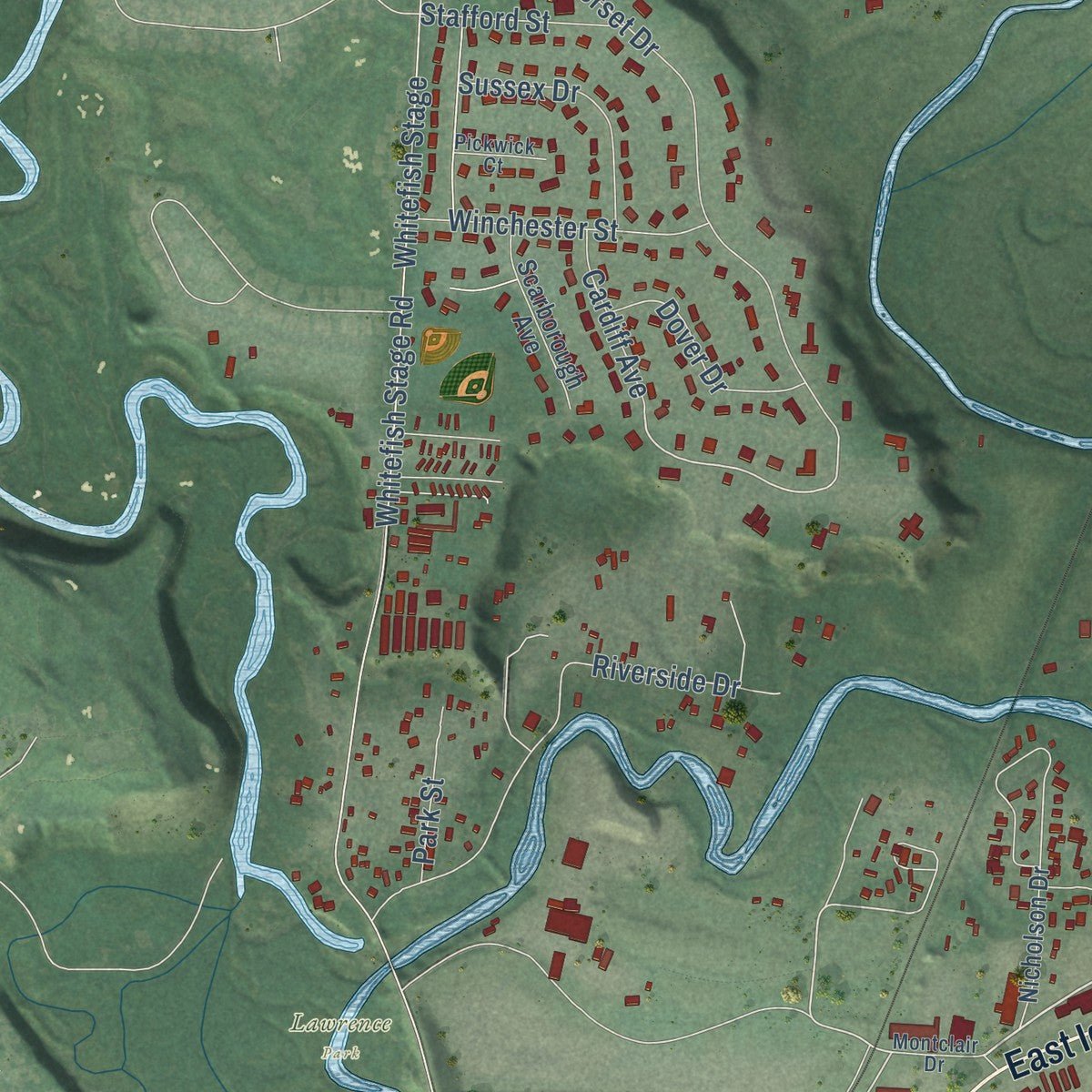 Second close-up of the map of Evergreen, Montana print showing more streets and buildings