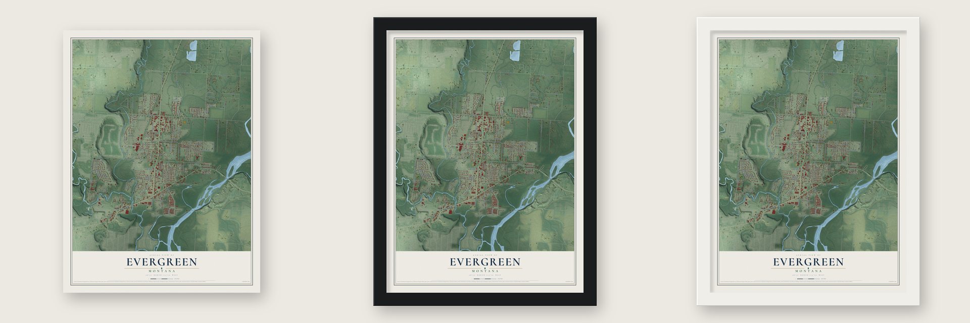 Evergreen, Montana map unframed, in a black wood frame and in a white wood frame