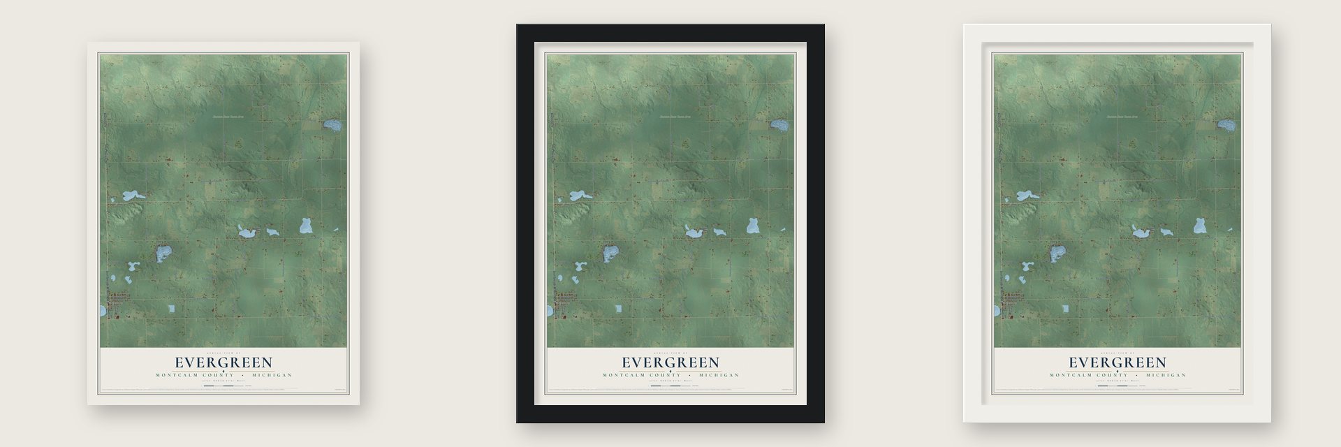 Evergreen, Montcalm County, Michigan map unframed, in a black wood frame and in a white wood frame