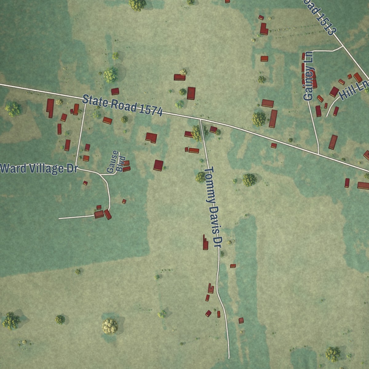 Second close-up of the map of Evergreen, North Carolina print showing more streets and buildings
