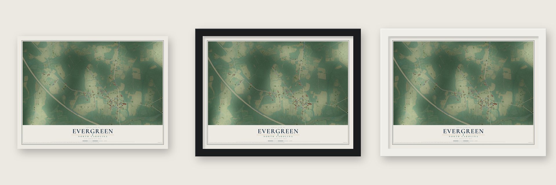 Evergreen, North Carolina map unframed, in a black wood frame and in a white wood frame
