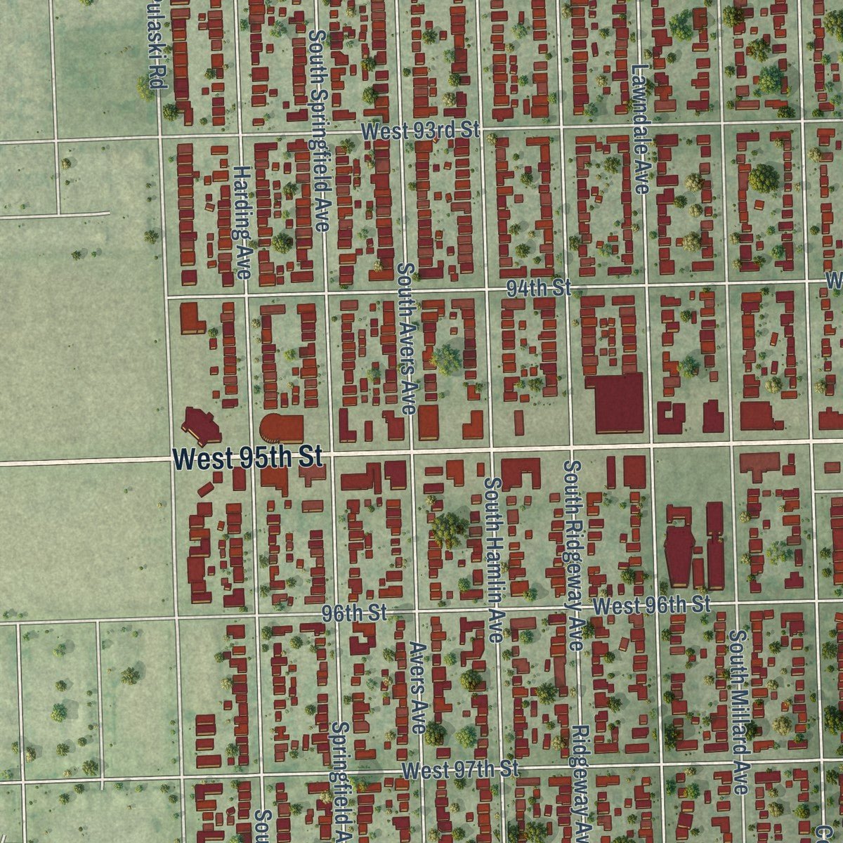 Second close-up of the map of Evergreen Park, Illinois print showing more streets and buildings