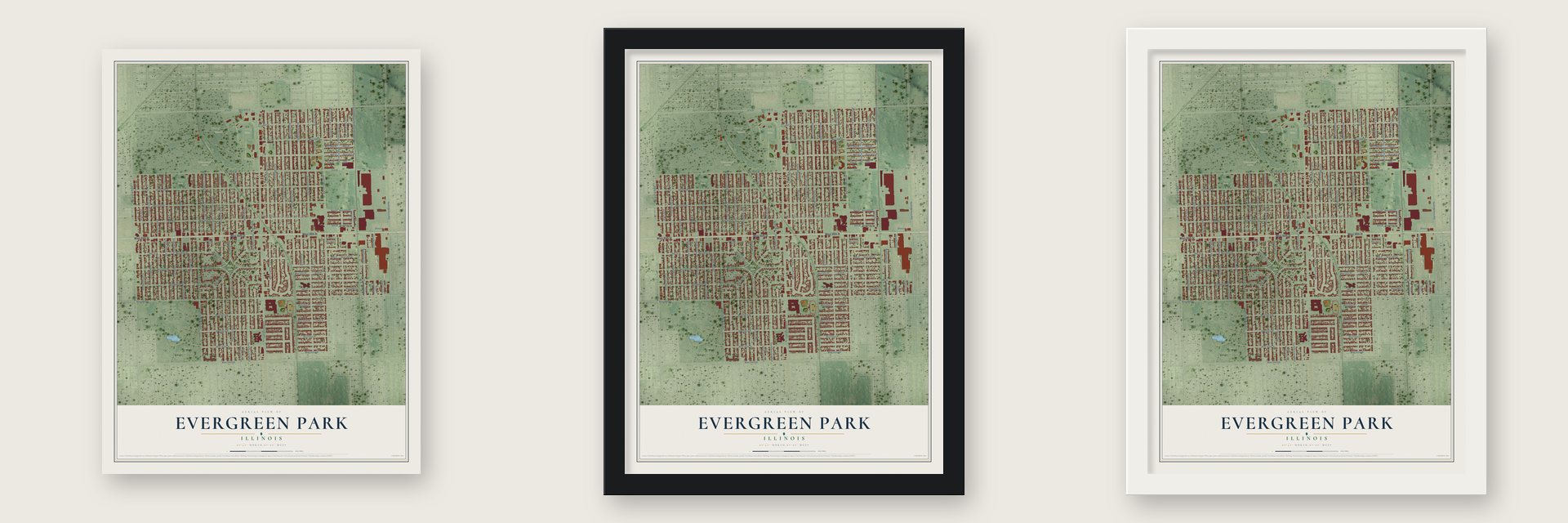 Evergreen Park, Illinois map unframed, in a black wood frame and in a white wood frame