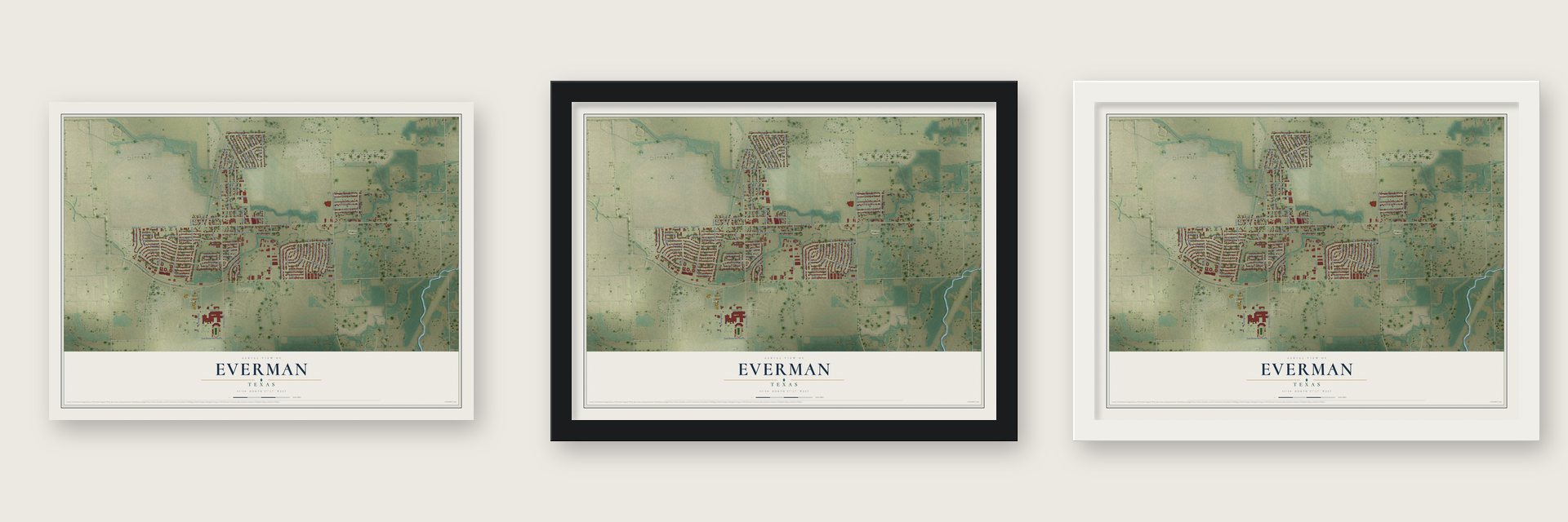 Everman, Texas map unframed, in a black wood frame and in a white wood frame