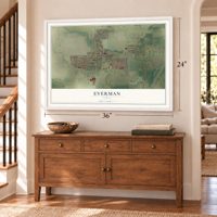 Everman, Texas map, 24 x 36 inch print in a white frame above a dresser by a staircase