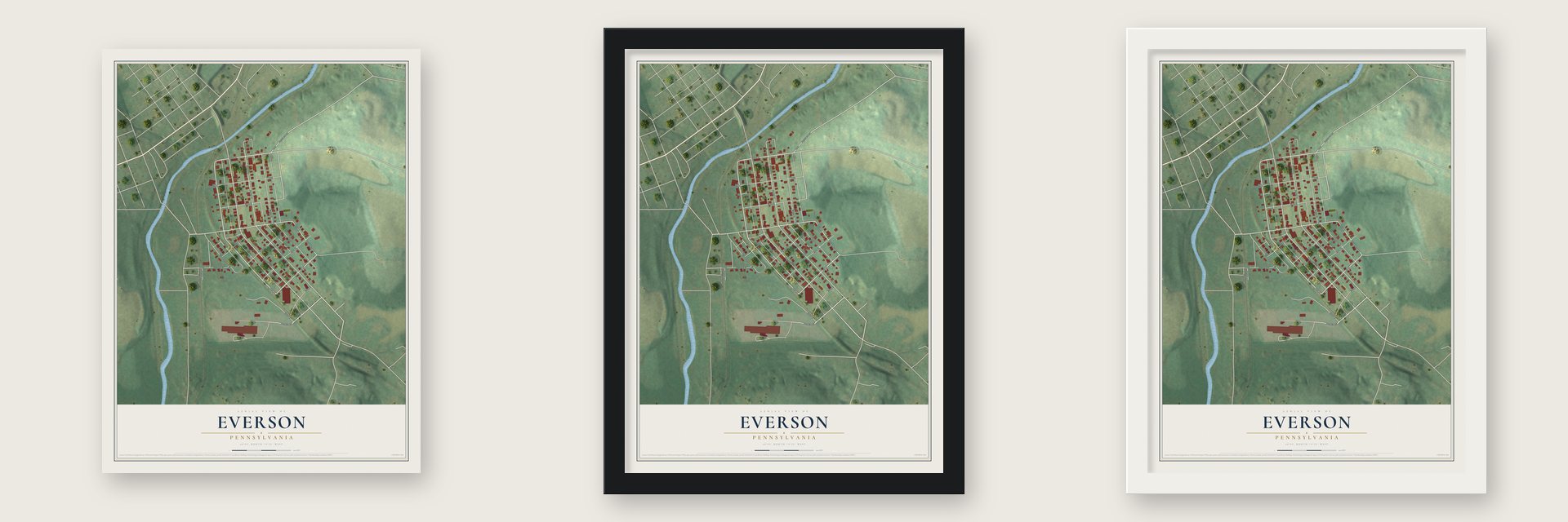 Everson, Pennsylvania map unframed, in a black wood frame and in a white wood frame