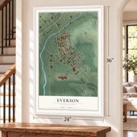 Everson, Pennsylvania map, 24 x 36 inch print in a white frame by a staircase