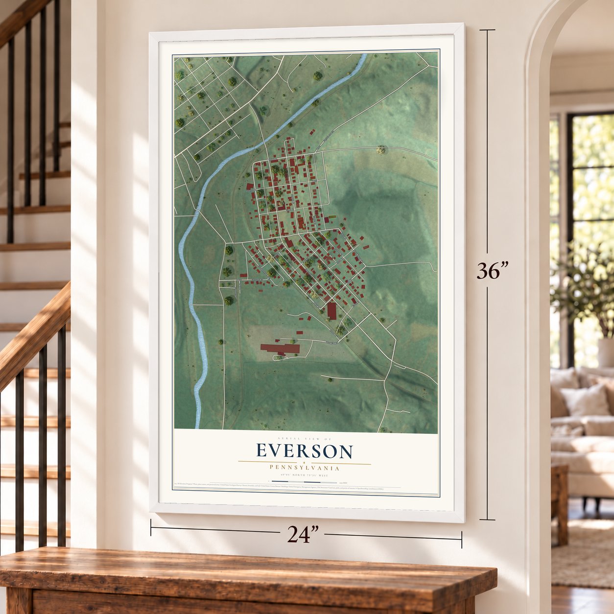 Everson, Pennsylvania map, 24 x 36 inch print in a white frame by a staircase