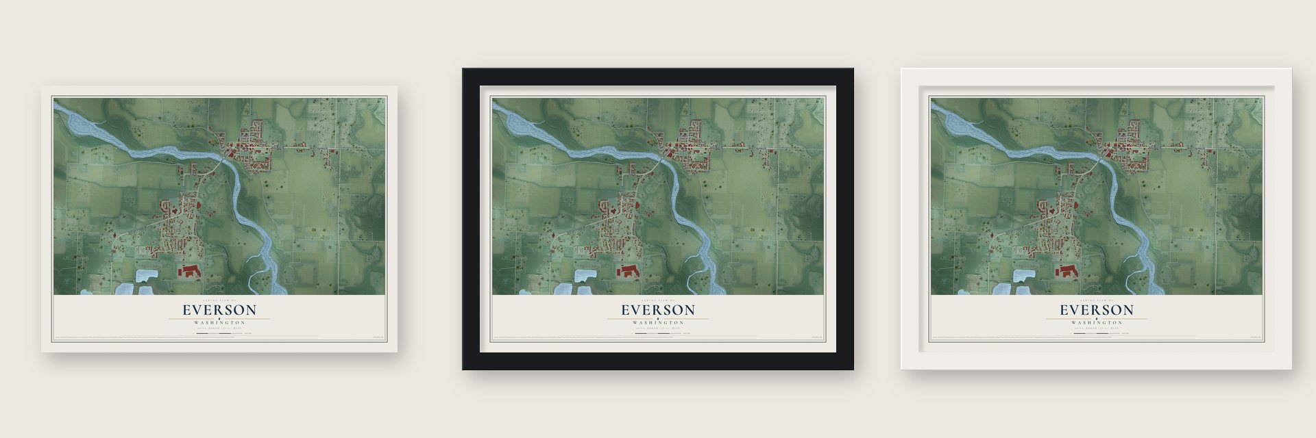 Everson, Washington map unframed, in a black wood frame and in a white wood frame