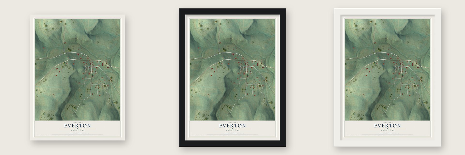 Everton, Arkansas map unframed, in a black wood frame and in a white wood frame