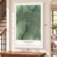 Everton, Arkansas map, 24 x 36 inch print in a white frame by a staircase