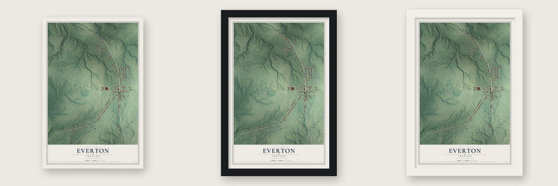 Everton, Indiana map unframed, in a black wood frame and in a white wood frame