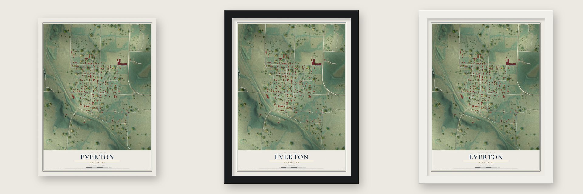 Everton, Missouri map unframed, in a black wood frame and in a white wood frame