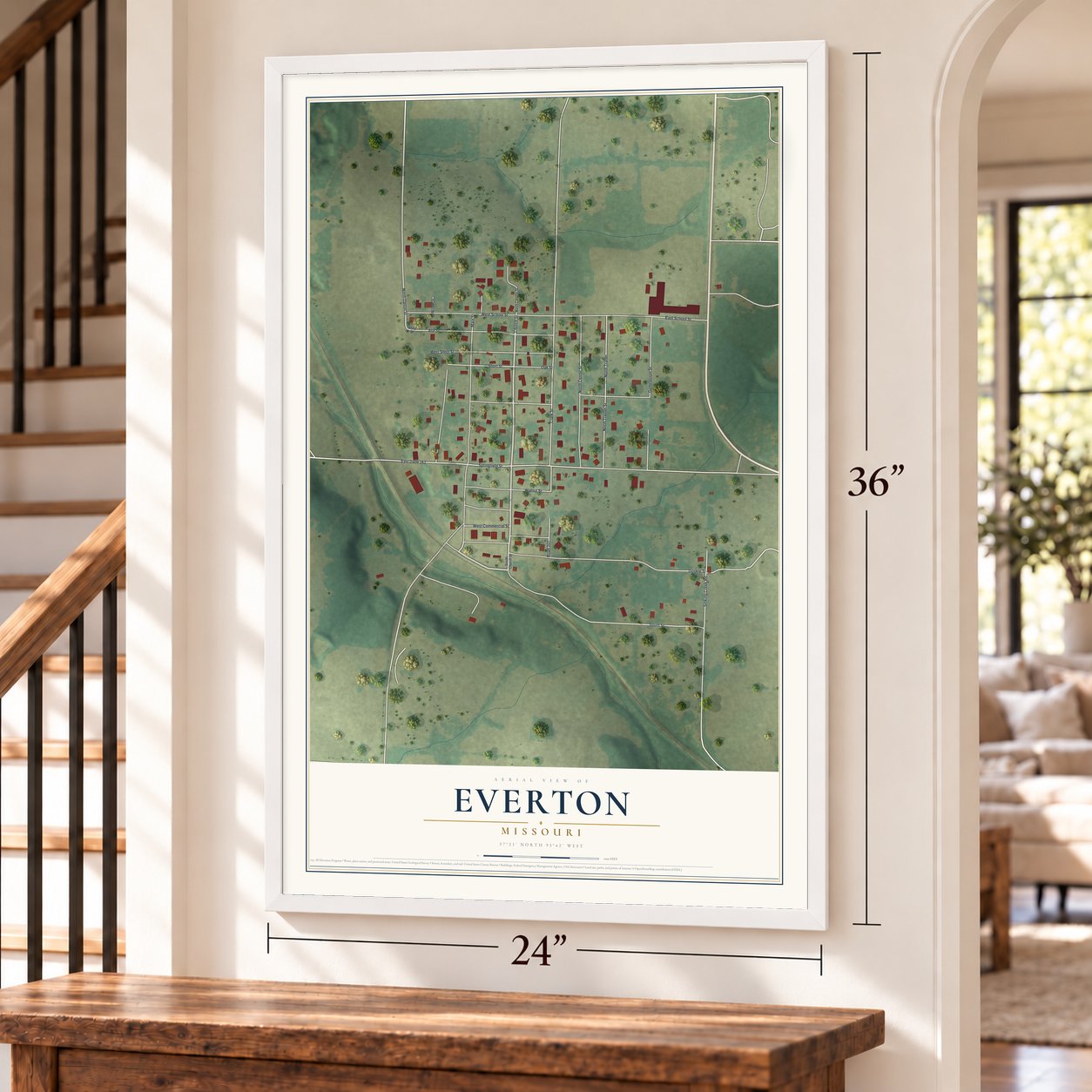 Everton, Missouri map, 24 x 36 inch print in a white frame by a staircase