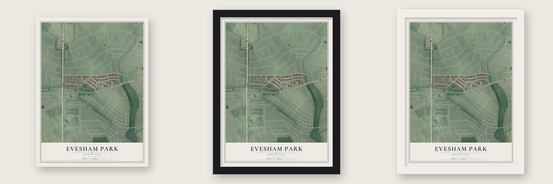 Evesham Park, Maryland map unframed, in a black wood frame and in a white wood frame