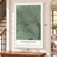 Evesham Park, Maryland map, 24 x 36 inch print in a white frame by a staircase