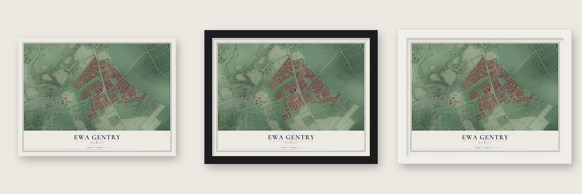 Ewa Gentry, Hawaii map unframed, in a black wood frame and in a white wood frame