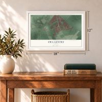 Ewa Gentry, Hawaii map, 12 x 18 inch print in a white frame in an entryway