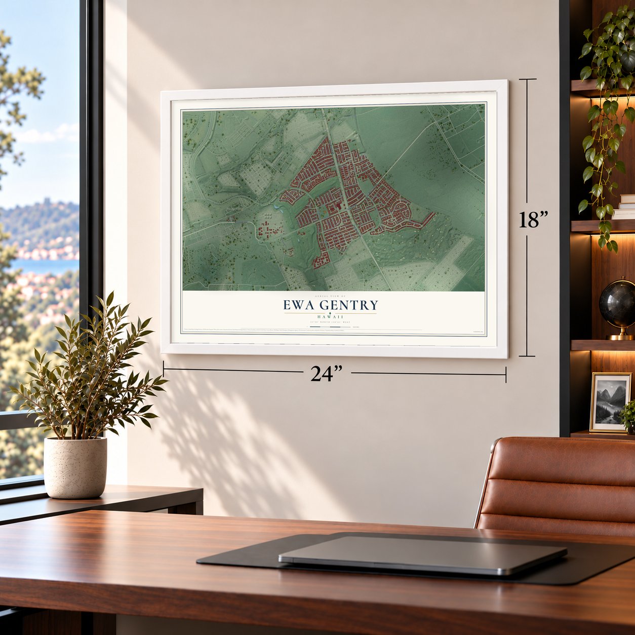 Ewa Gentry, Hawaii map, 18 x 24 inch print in a white frame in a home office